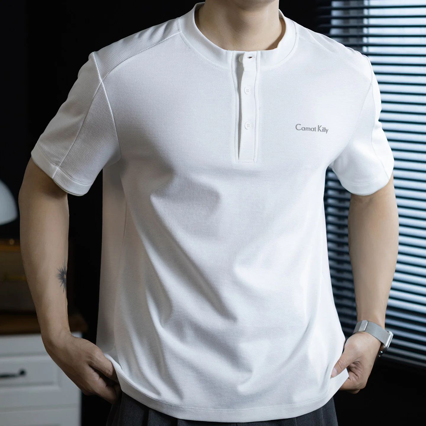 Men Henry Collar Short Sleeve Summer Fashion Vintage Loose Casual T-shirt Male Business Commute T Shirt Korean Streetwear Tshirt