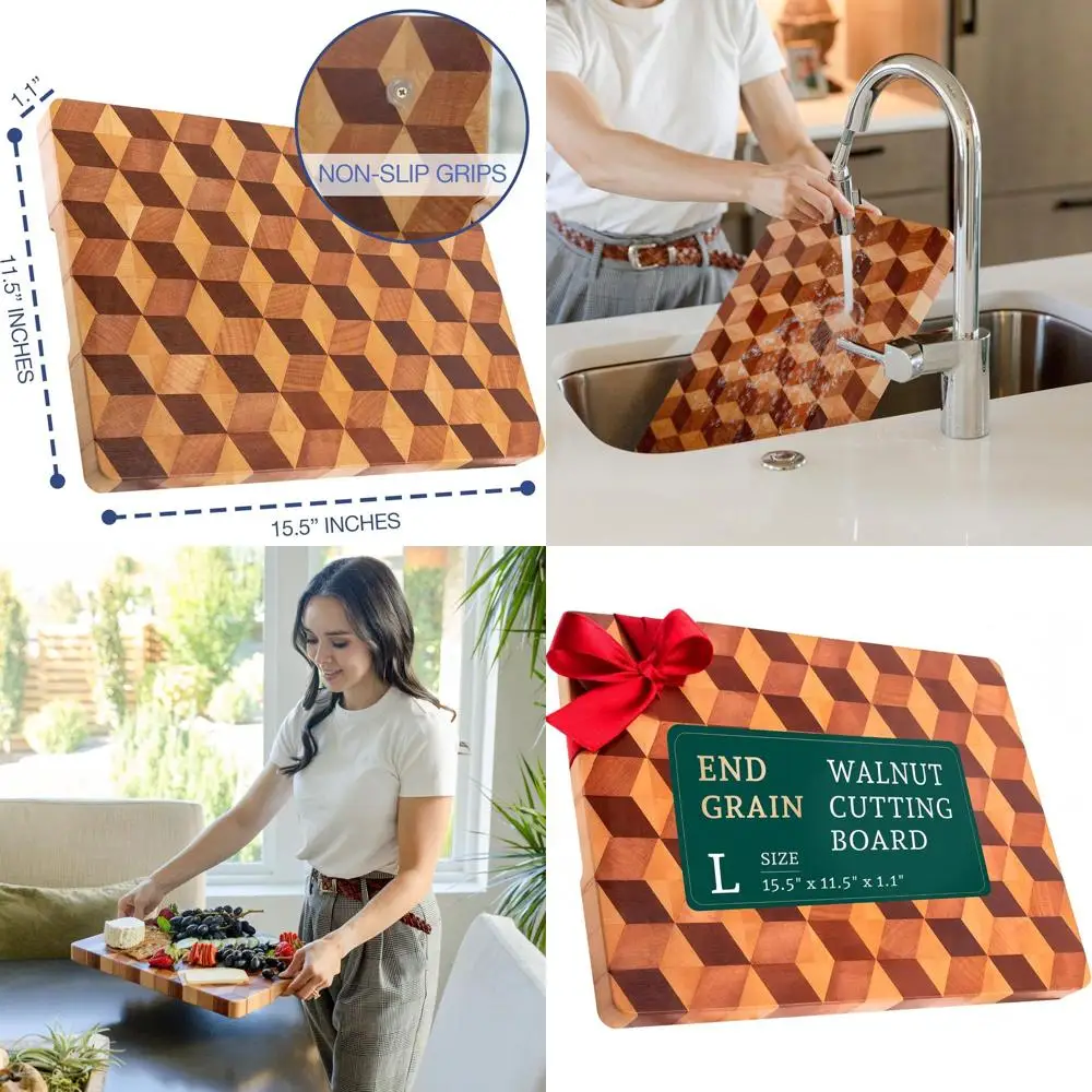 

Large 15.5x11.5 Walnut Chopping Block with Anti-Slip for Kitchen, Ideal for Meat & Charcuterie, Handcrafted 3D Wooden Board 1.1