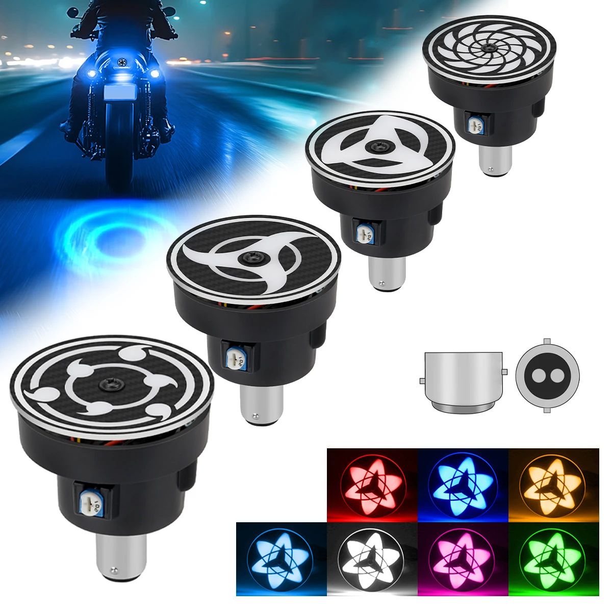 1Pc Motorcycle Brake Light Wheel Eyes Rotating Rainbow Flashing Tail Light Auxiliary Bulb Anime Theme Modification Accessory