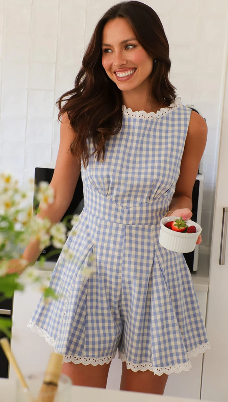 Женский комбинезон GlamGaze Gingham без рукавов с кружевной отделкой, летний повседневный комбинезон для пляжа, пикника, на каждый день