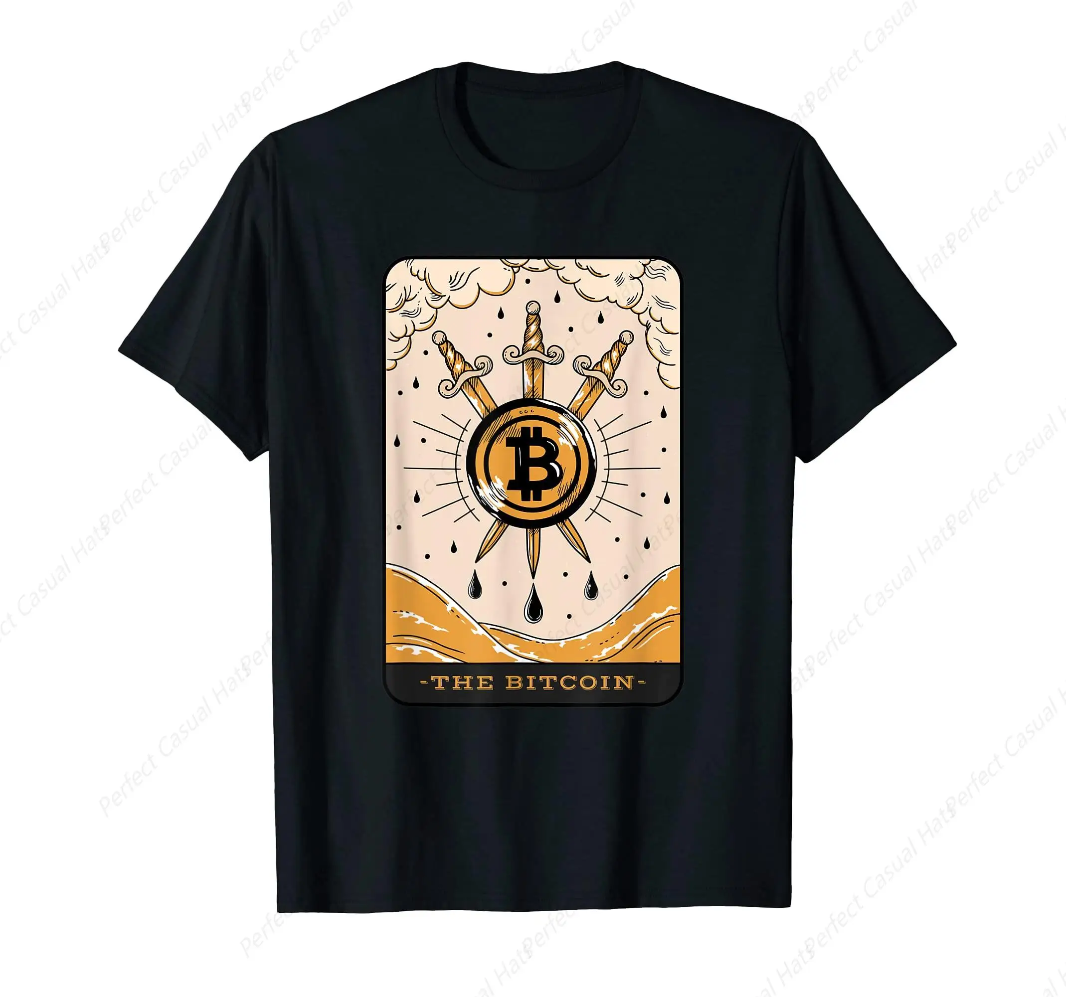 

High Quality The Bitcoin Tarot Card Three Of Swords Cryptocurrency Btc T-Shirt Vintage Cotton Soft Tee Unisex