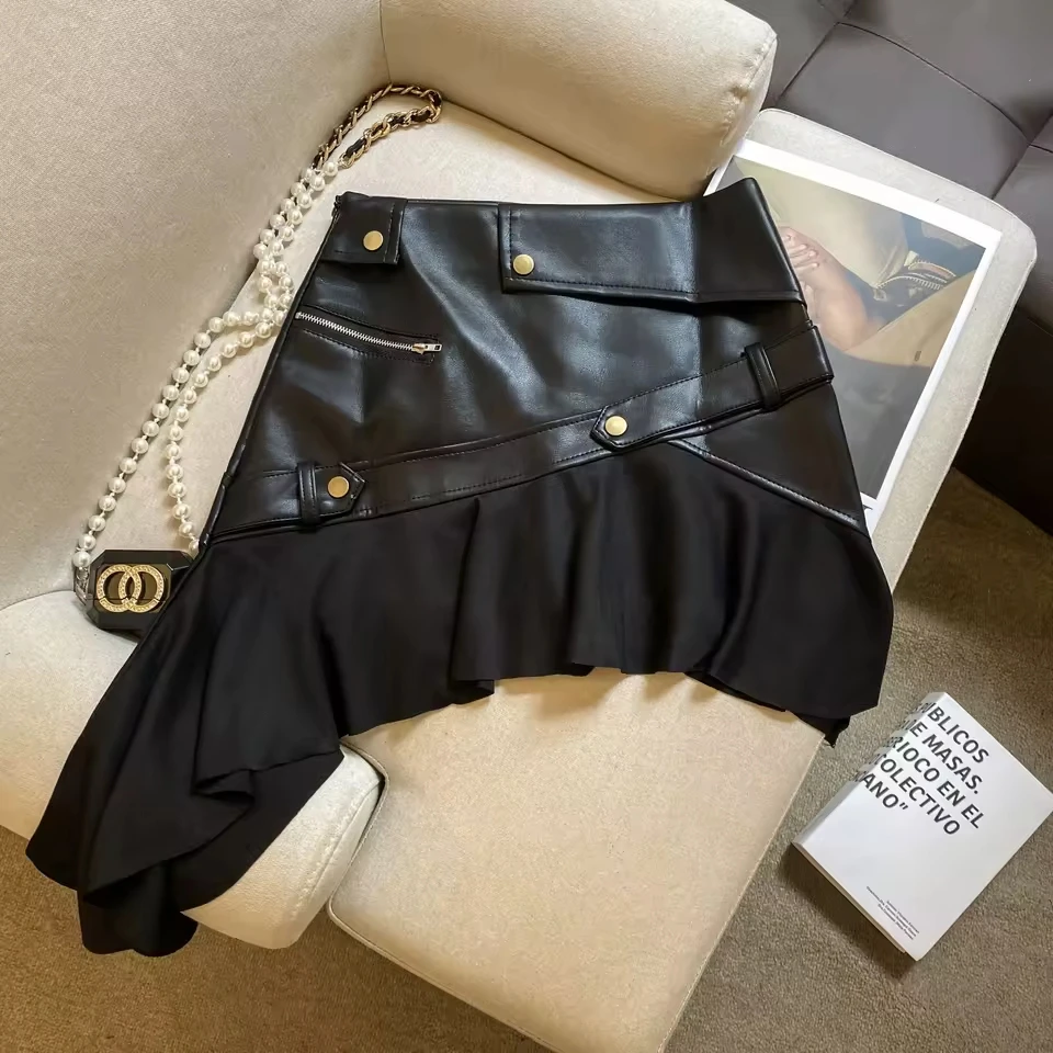 

Women's Autumn Winter Asymmetrical Patchwork Pu Leather Skirt Lady Streetwear High Waist A Line Irregular Short Skirt