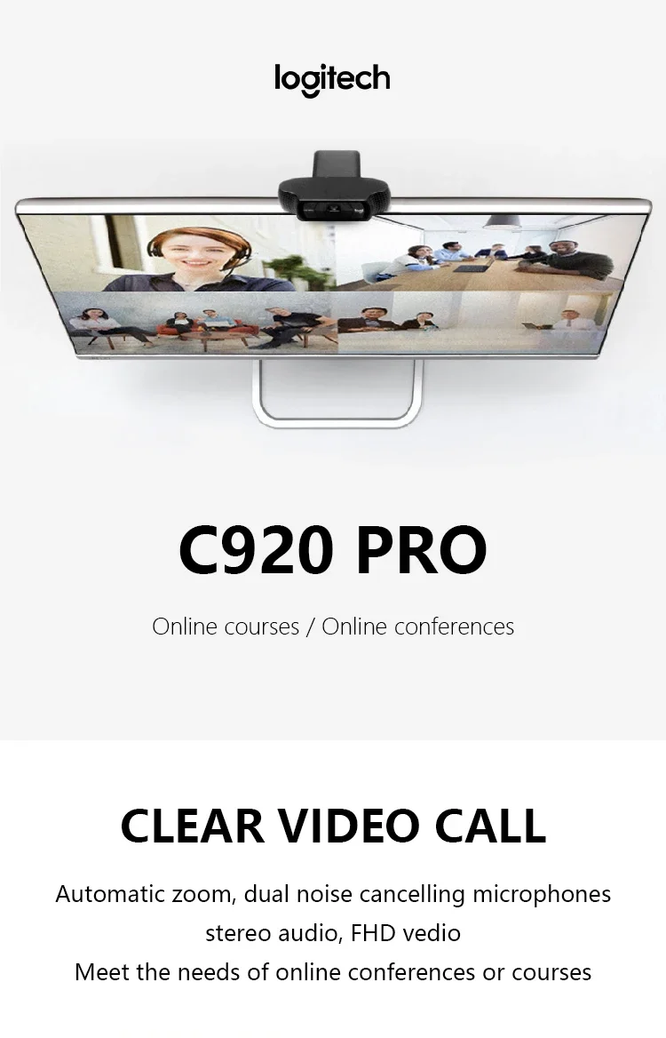 Logit-Webcam ech C920 HD 1080P Pro, annulation d'écran, appels vidéo statiques, caméra 15MP