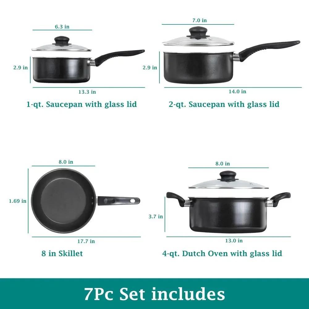 7-Piece Nonstick Black Cookware Set Aluminum Dishwasher Safe 1QT 2QT 4QT 8-in Even Cooking Lightweight Easy Cleanup Kitchen