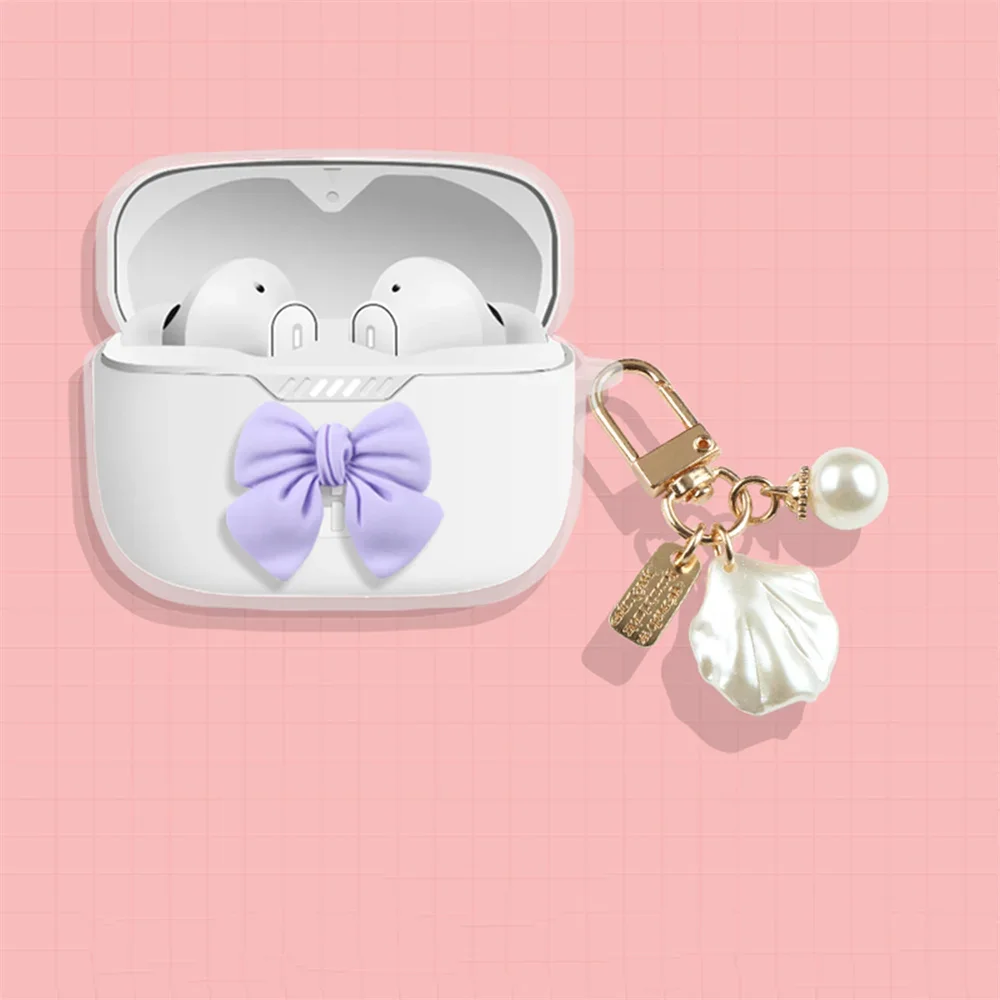 Case for JBL Tune 230NC TWS Transparent Cute Cartoon Bow-knot Soft T230 Earphone Protective Headphone Cover with Lovely Pendant