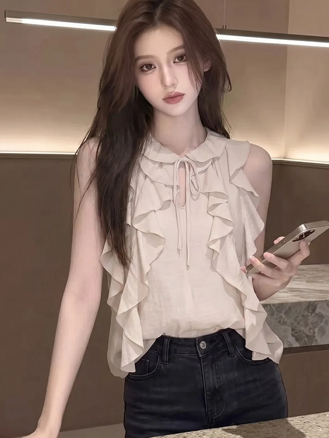 

Korean Style Off-Shoulder Tie-Detail Sleeveless Vest Design Summer New Fashion Age-Reducing Personality Top for Women
