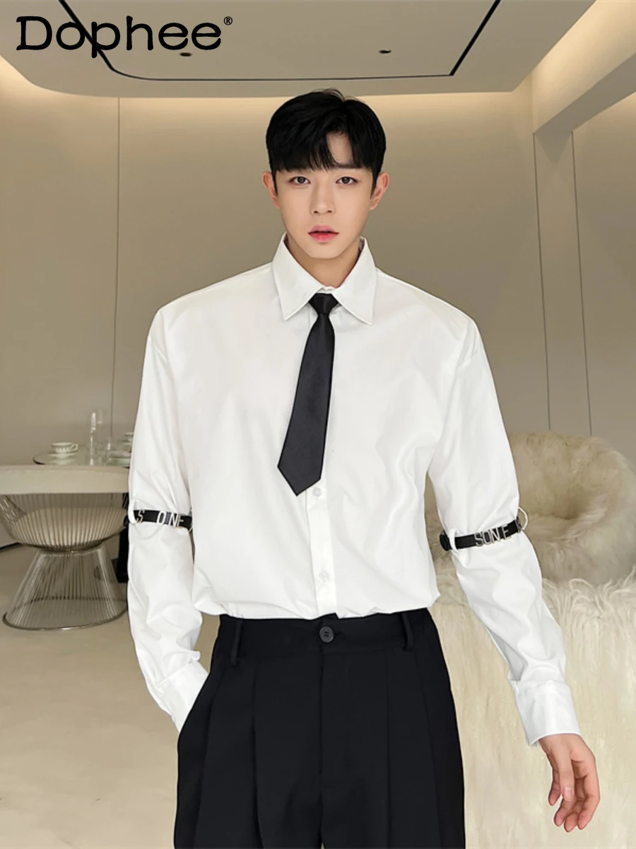 High-End Fashion Black Tie White Long Sleeve Shirt Youth Popularity Trendy Men All-Matching Casual Single-Breasted Shirts