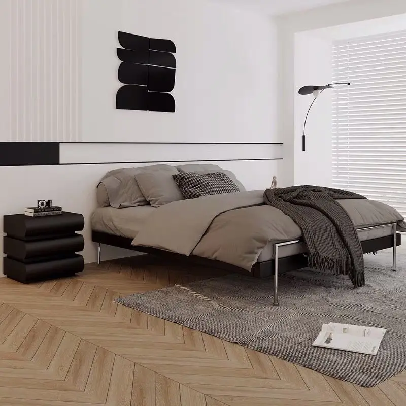 No back leather bed, simple modern retro medium and ancient style master bedroom bed small apartment type c