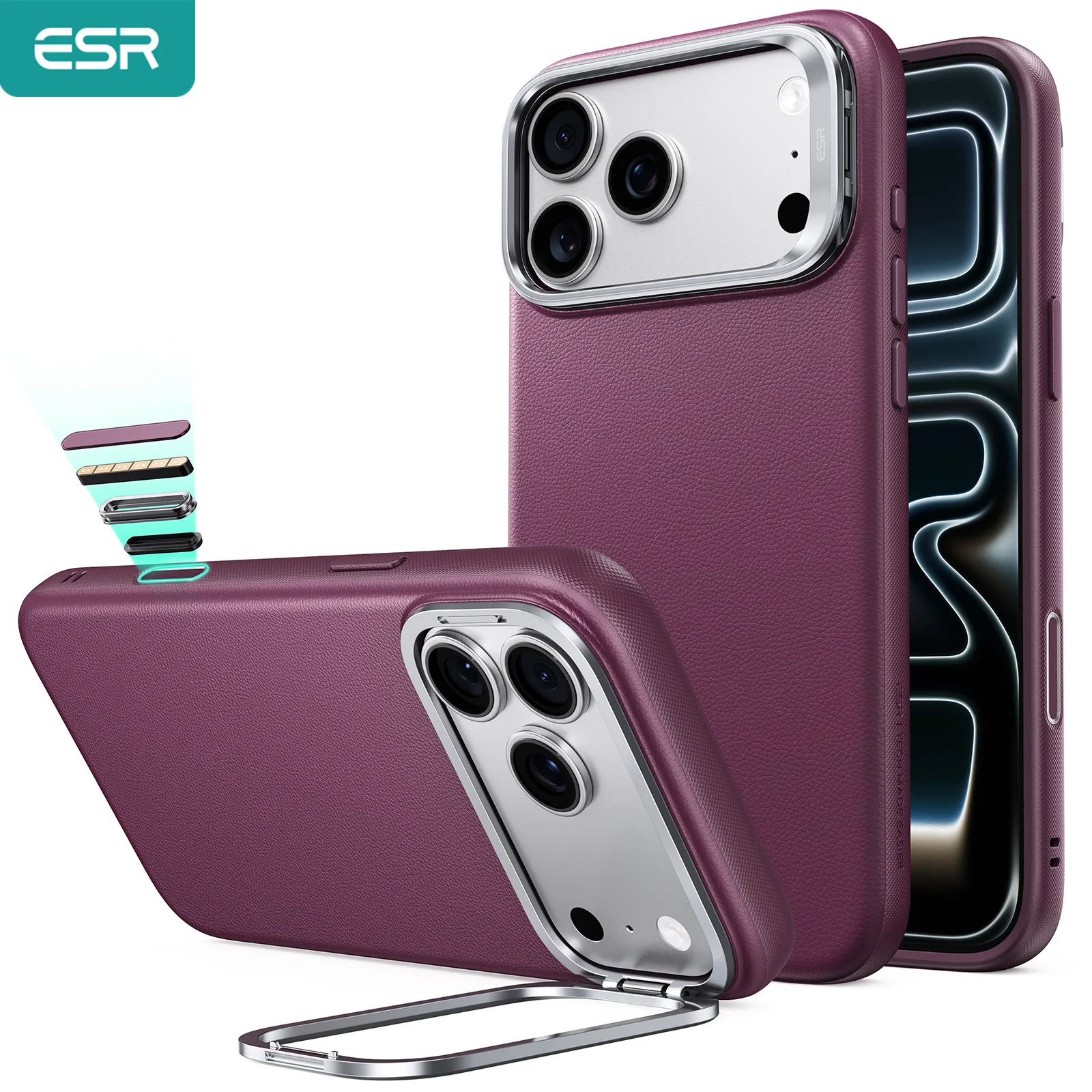 ESR – etui z magnetycznym uchwytem i elastyczną podstawką, wykonane z wegańskiej skóry, przeznaczone do iPhone 17 Pro Max i 18 Pro Max, a także do iPhone 18 Pro i 17 Pro.