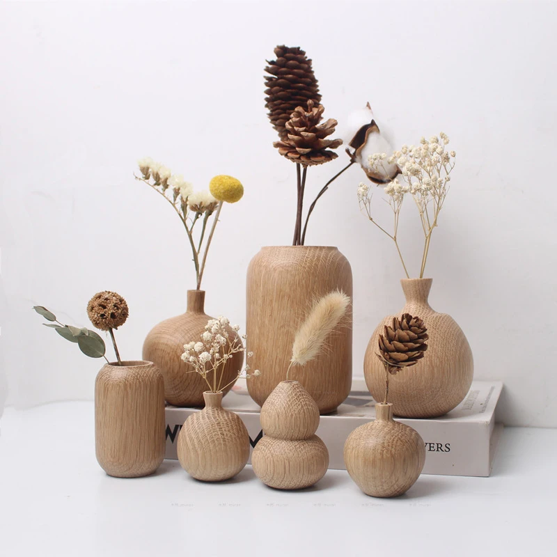 Solid Wood Mini Vase Dry Flower Arrangement Vase Wooden Crafts Small Wood Flower Ware Living Room Tabletop Ornament Home Decor