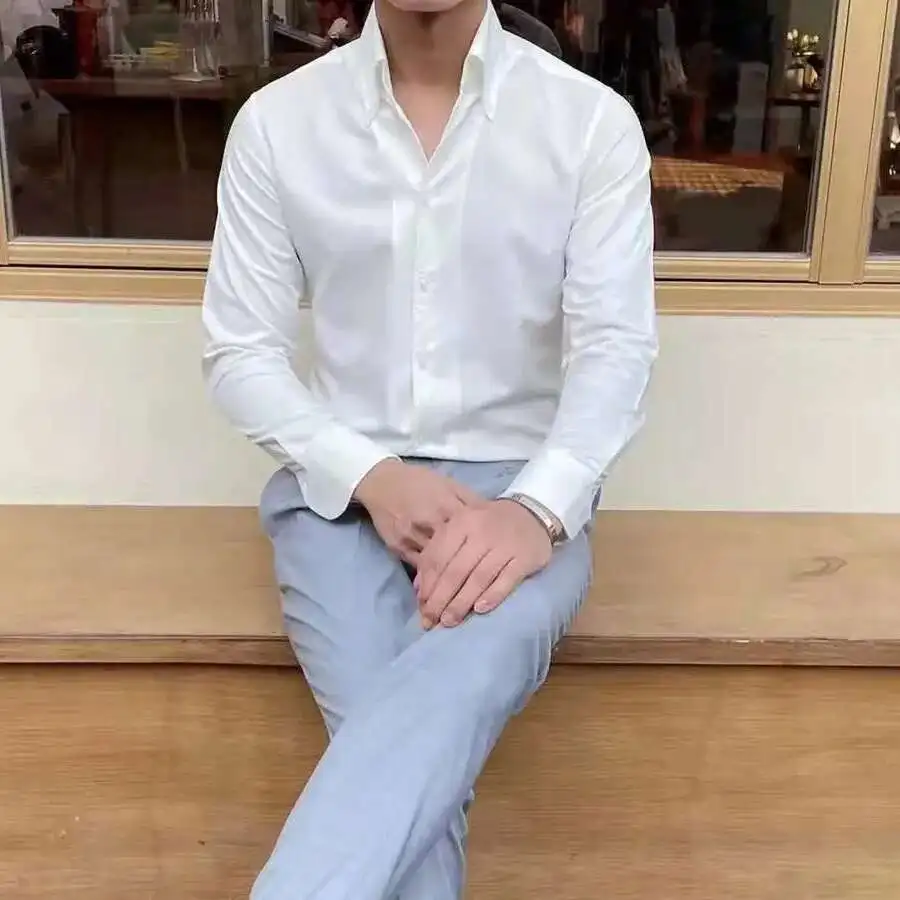 

2021 Spring Slim Shirt Men Camisa Hombre Shirt Men's Long Sleeve Fashion Business Formal Dress Shirt Solid Color Simple Shirt