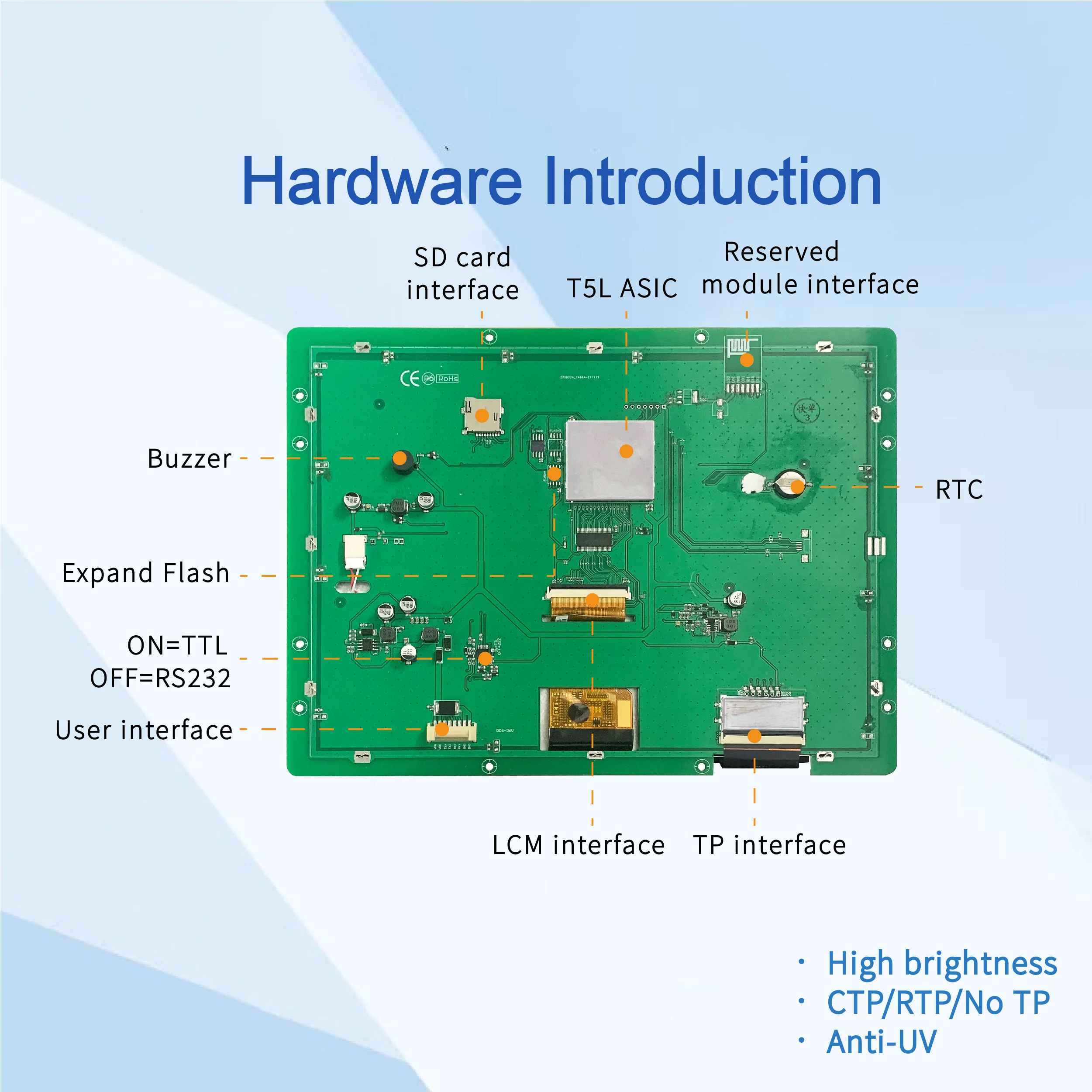 DWIN 10.4 inch 1024*768 Resolution High Brightness HMI IPS-TFT-LCD Industrial Anti-UV Module TTL/RS232 Arduino DMG10768T104_09W