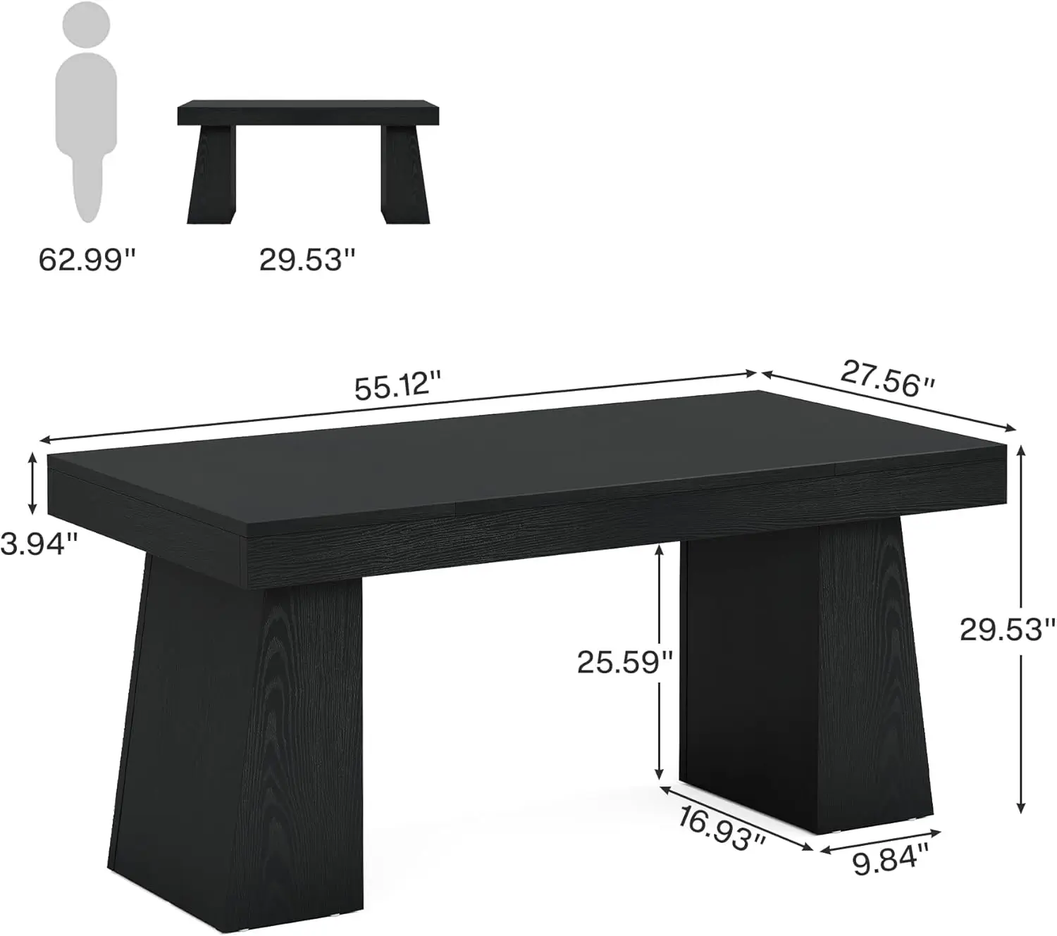 55 Inches Executive Desk, Mid-Century Modern Home Office Desk with Double Trapezoid Base, Wood Computer Desk Business