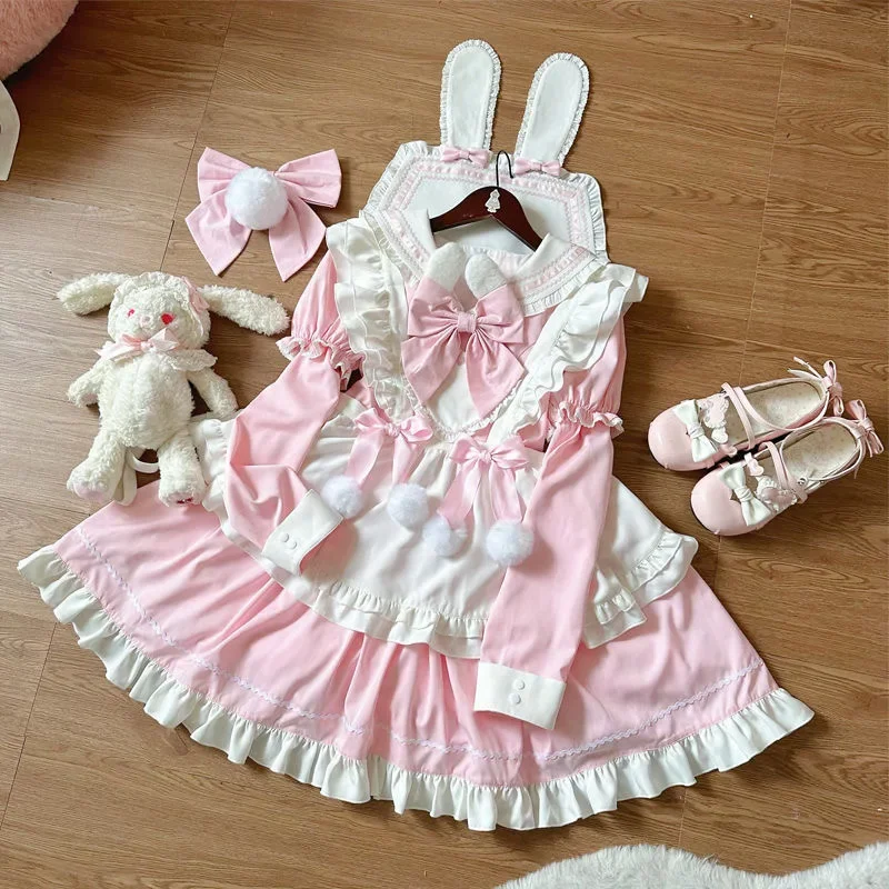 Lolita New Winter Long-sleeved Rabbit Ear Dress Y2k Cute Princess Dresess Girls Junior High School Sweet Rojita Black Vestidos