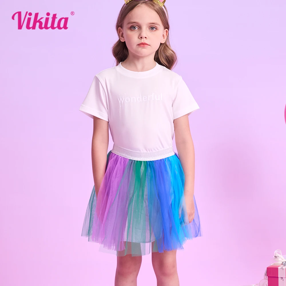 

VIKITA Kids Colorful Gradient Mini Skirt Girls Mesh Princess Birthday Party Vacation Casual Daily School Colorful Skirts 3-10 Y