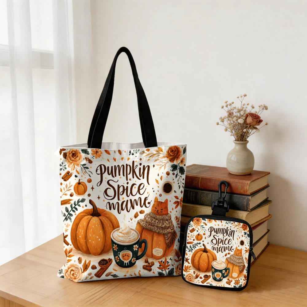 

Pumpkin Spice Mama Tote Bag with Matching Coin Purse - Fall Thanksgiving Printed Reusable Shopping Bag Set for Women