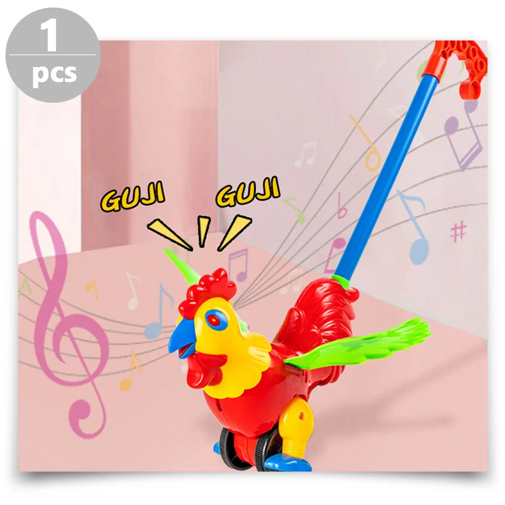 รถเข็นเด็กหัดเดินลายการ์ตูนไก่ตลก แบบผลัก-ดึง พร้อมที่จับถอดได้ ของเล่นรถเข็นเด็กหัดเดิน