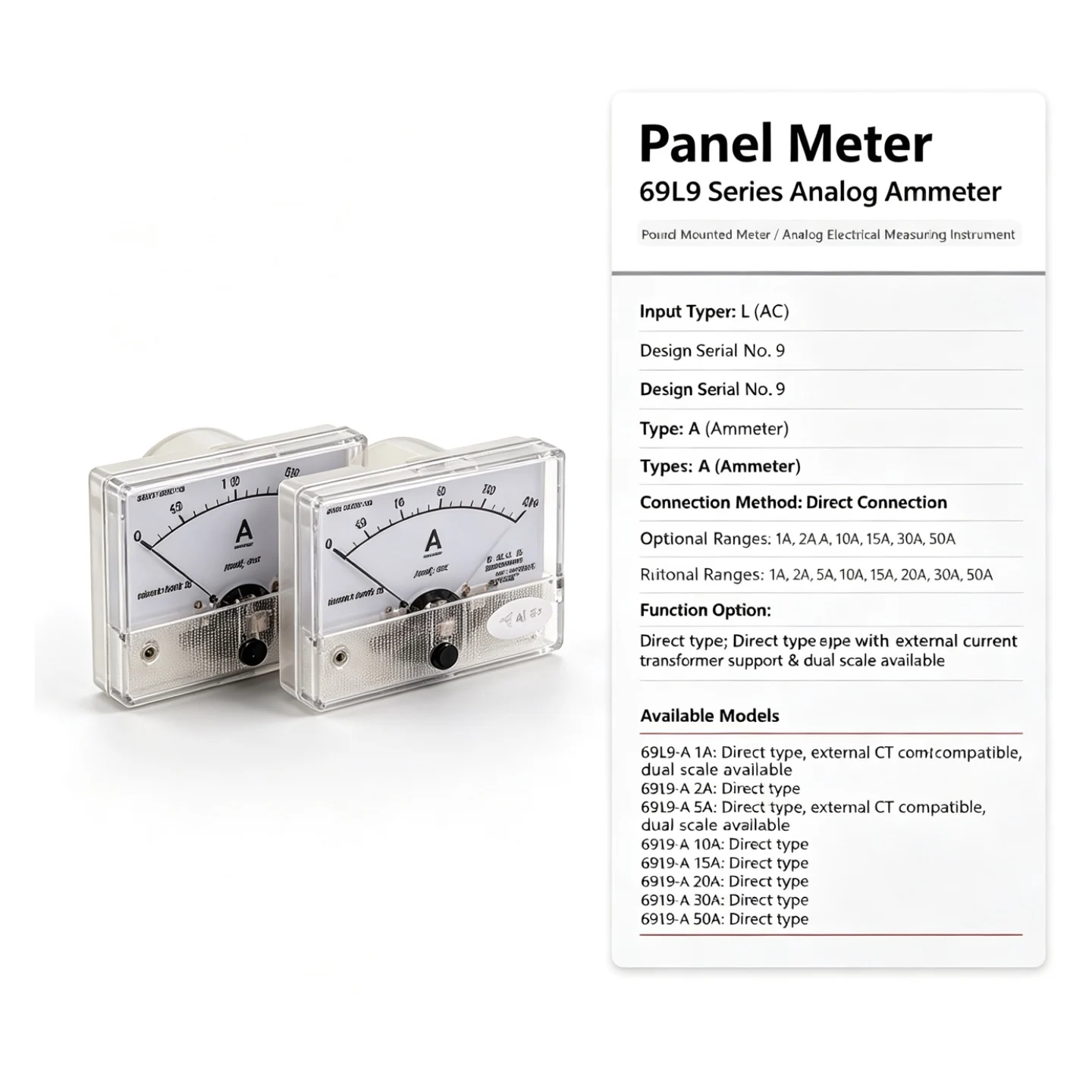 69L9 Series Analog Ammeter Ac 1A2A5A10A15A20A30A50Apanel Current Meter Type9 Direct Connection for Distribution Panel Switchgear