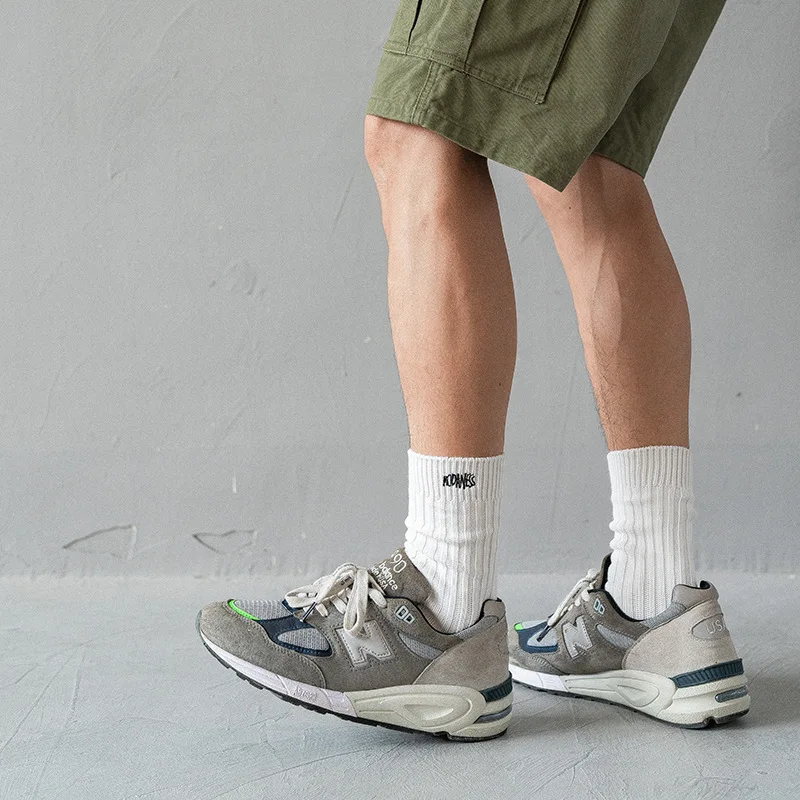 Men's Cotton Crew Socks, Solid Color Vertical Ribbed Mid Calf Socks, Embroidery Letter Breathable Casual Sports Socks