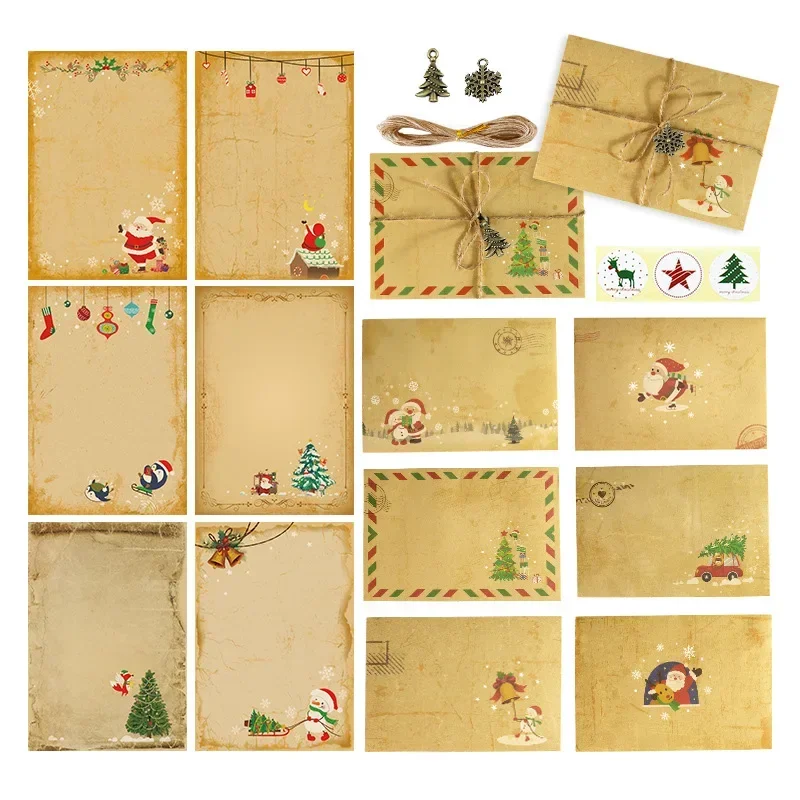 6-30pcs Christmas Kraft Paper Envelopes Santa Claus Snowman Elk Letter Pads MerryXmas Gifts Invitation Greeting Cards Stickers