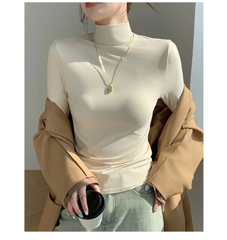 Women Mock Neck Long Sleeve Tops Slim Fit Stretchy Modal Solid Colored Tees Casual Office Daily Elegant Bodycon T Shirts Outfits