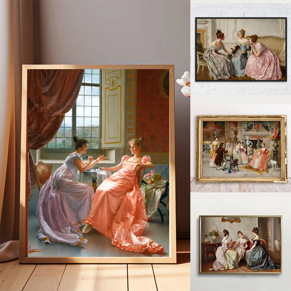 Vintage Women Print Poster Victorian Women Vintage Baroque Wall Decor Many Ladies and Gentlemen Poster Beautiful Old Room Art