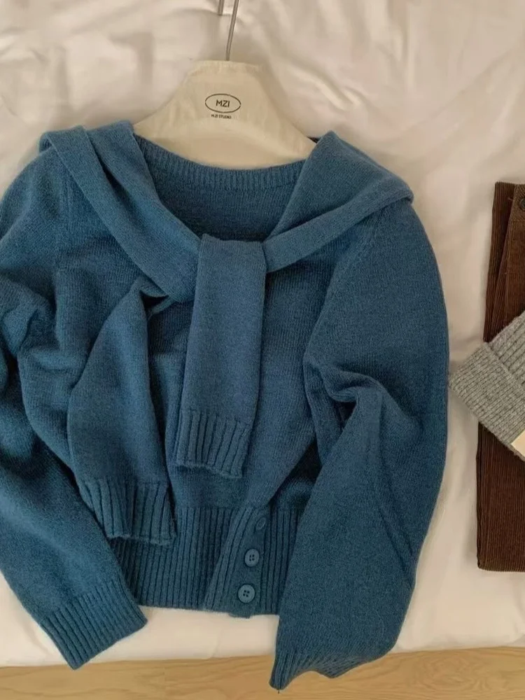 Sweet Korean Sle Yellow Knitted Sweater with Navy Collar for Women Spring New Arrival oulder awl Fake Two-Piece Top