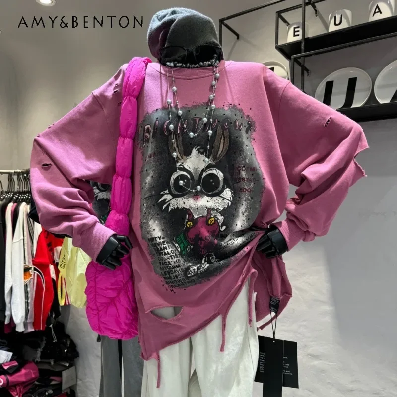 

2024 New Ripped Long-sleeved Sweatshirts Female Fashion Sticker Diamond Cartoon Rabbit Design Sense Loose And Thin Outer Hoodies