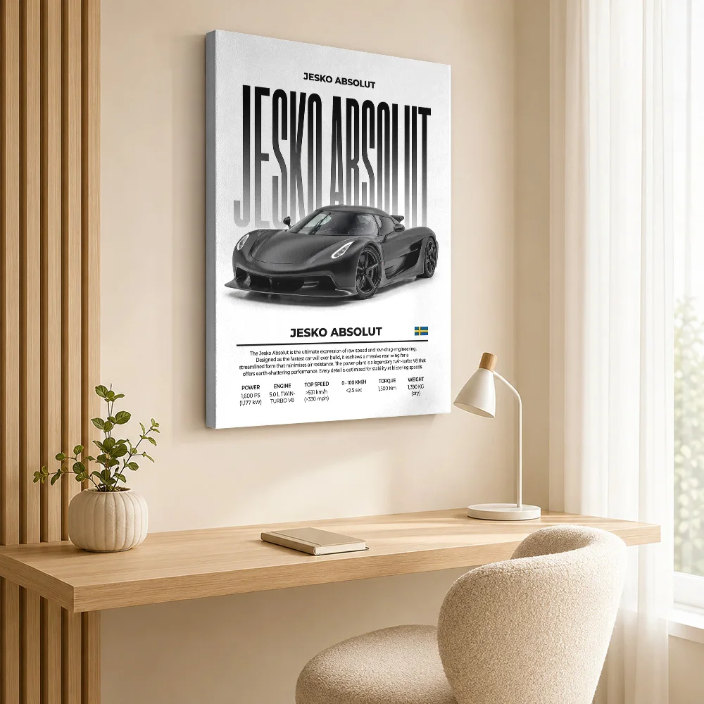 Black Sleek Swedish Jesko Absolut Car Framed Canvas Poster Customized Photo Modern Minimalist Style Canvas Wall Art Garage Decor