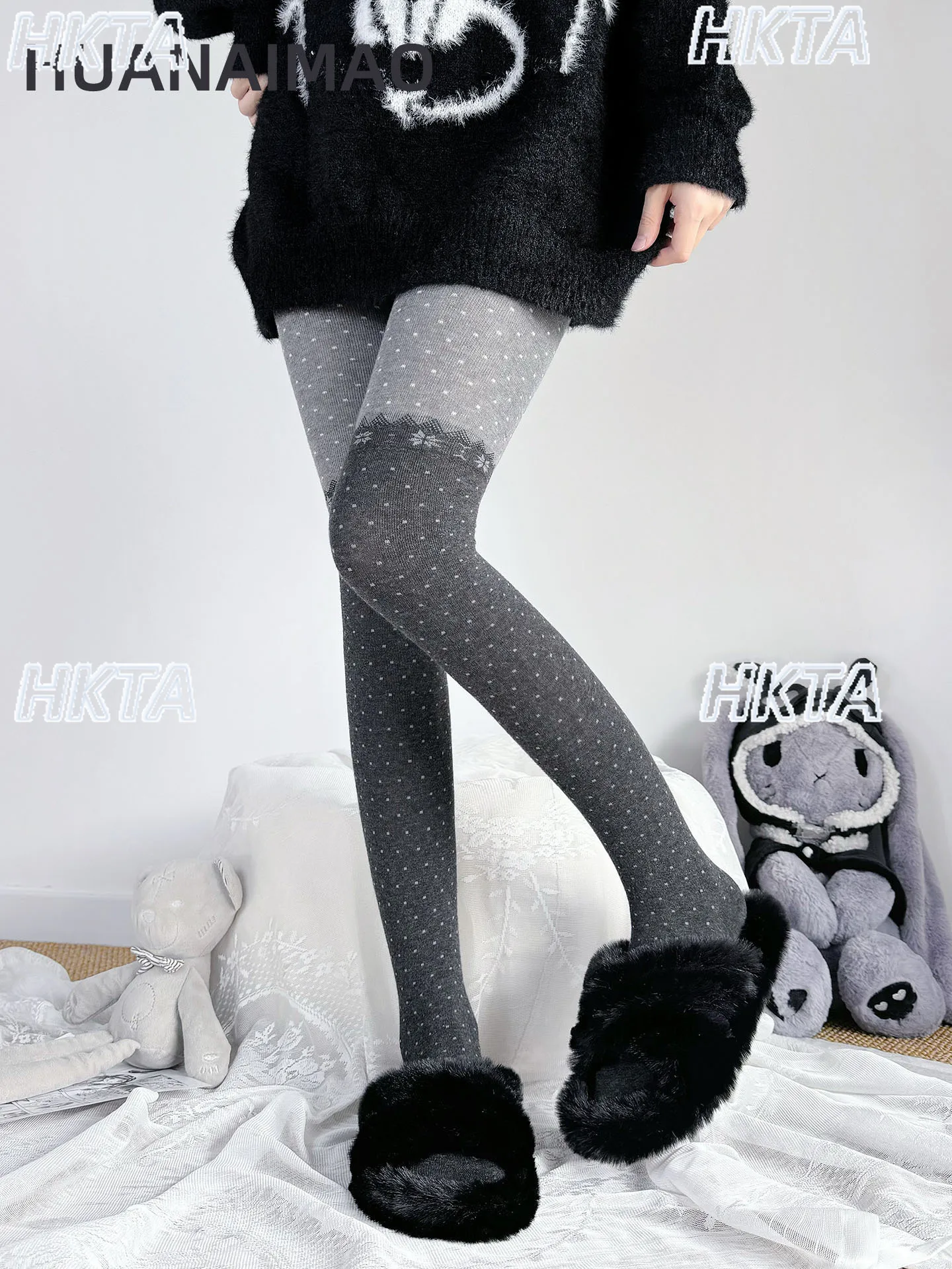 

Gray Polka Dot Pantyhose Women 2025 New Spring Autumn Winter Warm Thin Velvet Snowflake Christmas Splicing Slimming Base Socks
