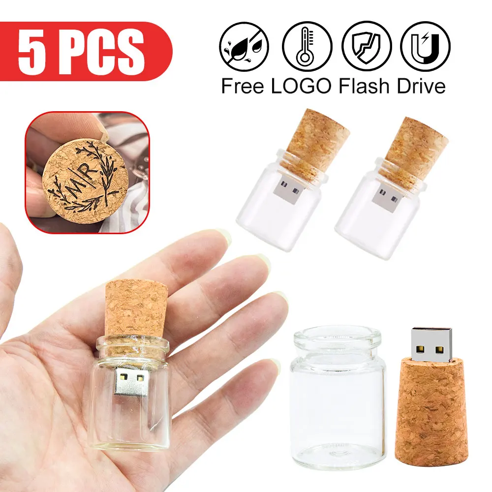 5pcs/lot USB 2.0 Glass Drift Bottle with Cork Flash Drive Stick Pendrive 4GB 8GB 16GB 32GB 64GB 128GB Wedding Gift