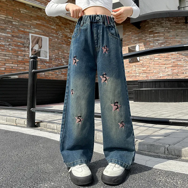High Quality Tweens Girls Vintage Dark Blue Wide Leg Jeans with Star Embroidery Kids Child Casual Baggy Denim Jeans Pants 5-14Y