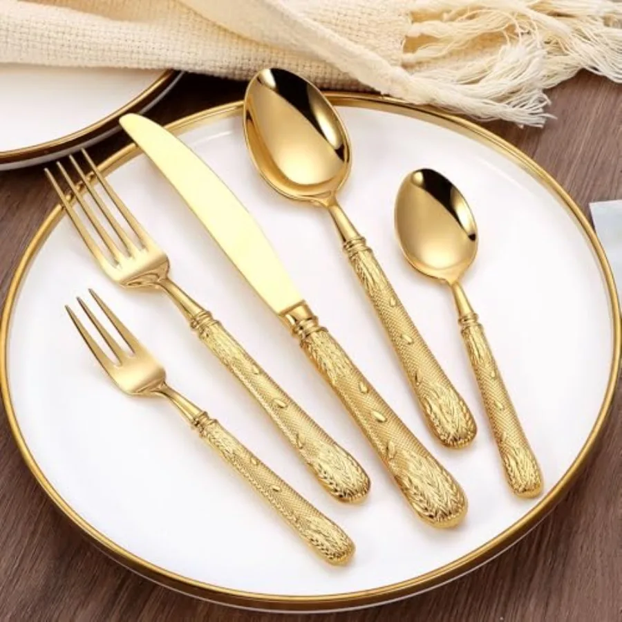 

Luxury 20-Piece Wheat Ear Design Silverware Set, Premium 18/10 Stainless Steel Flatware, Serving 4. Gold