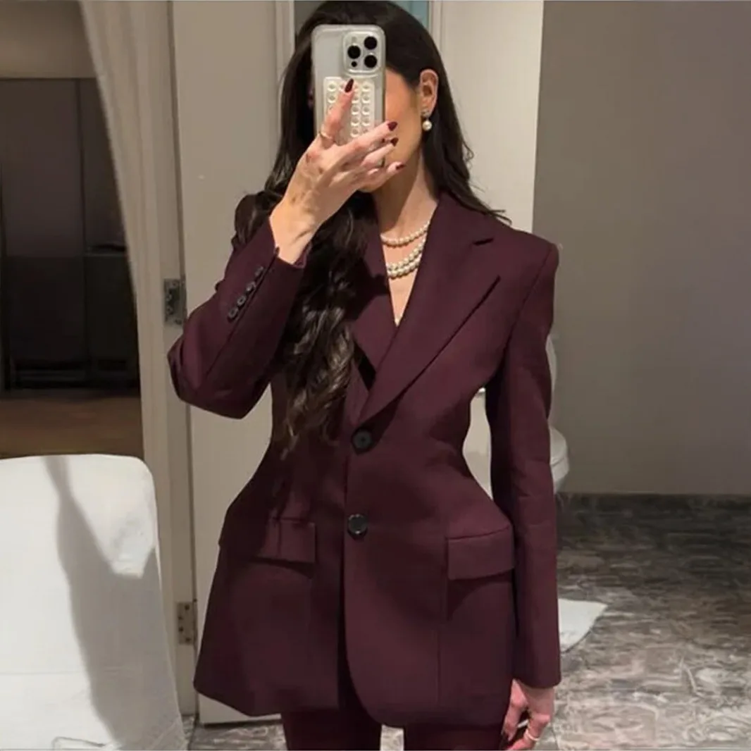 Black White Burgundy Blazer Slim Fit Jacket Women Luxury Lapel Single-breasted Overcoat Spring Autumn Lady Chic Suit Outwear New
