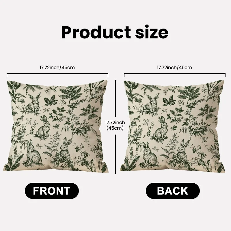 []1pcs Double - Sided Printed Throw Pillow Cover, 17.72in*17.72in, Vintage - Style Line Drawing with Beige Background, Green Botanicals & Rabbits Pattern, Classic Home Decor for Living Room, Bedroom, Soft & Durable Fabric, Natural Whimsical Vibe