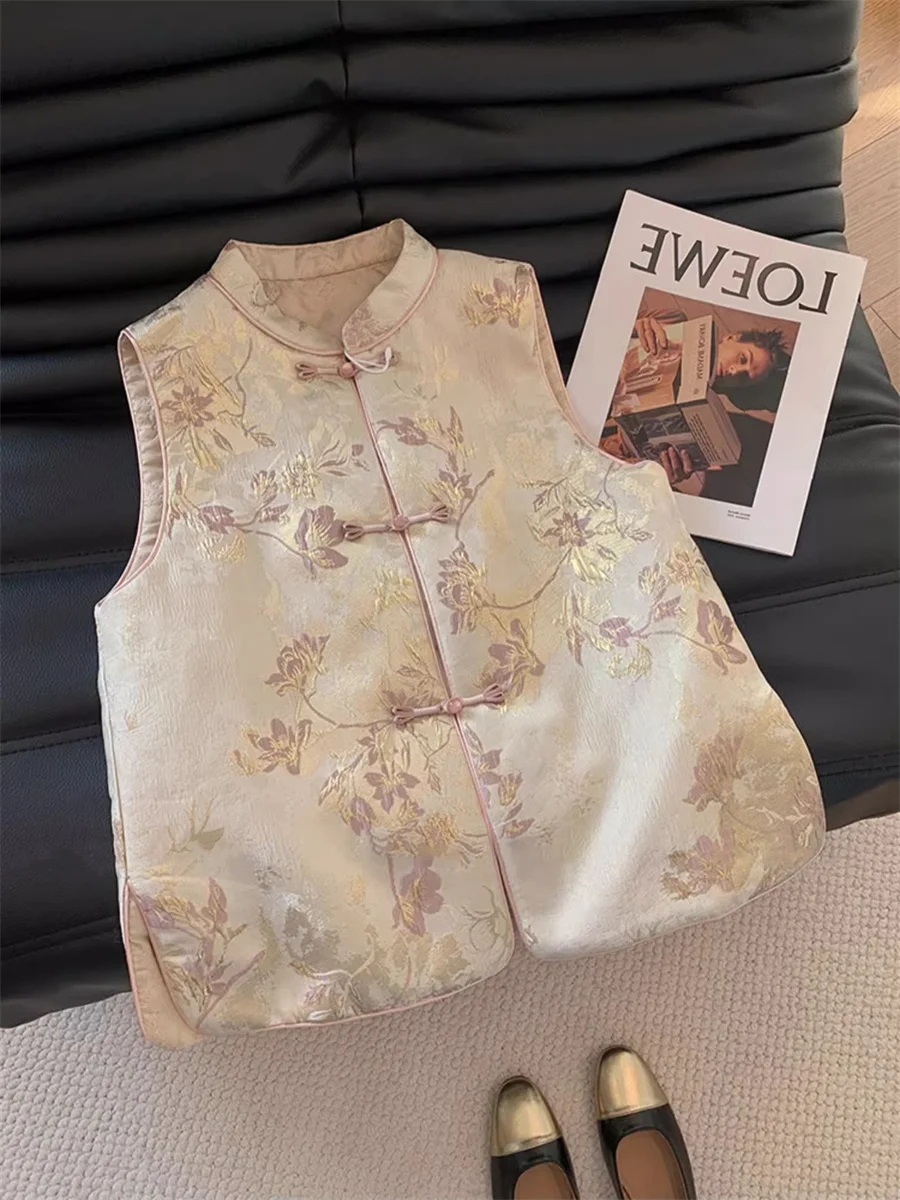 

Retro Chinese Sle Patchwork Collared Tank Top Menslighter National TrendEdited oulder Pad Svel Top for Autumn Season