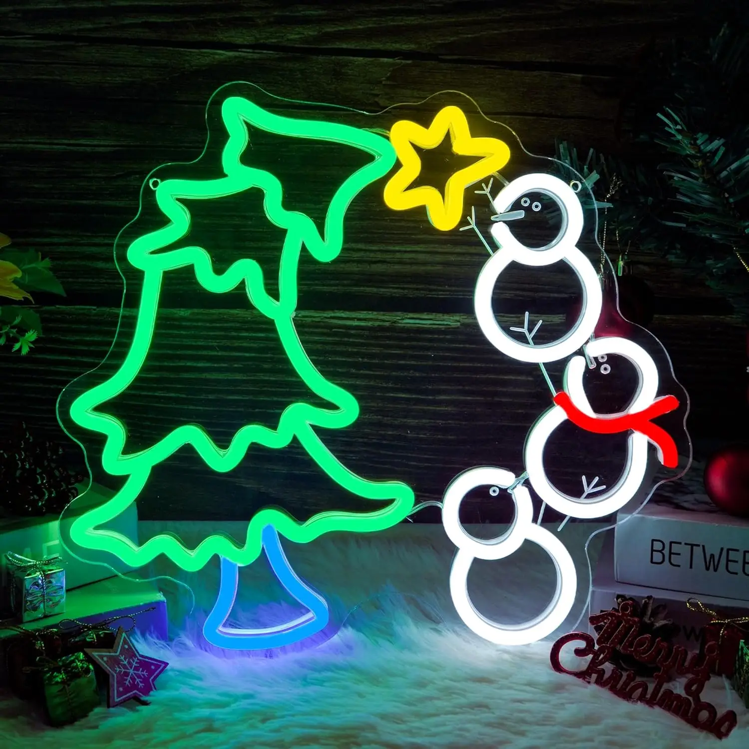 USB Dimmable Christmas Tree with Snowmen Neon Light Warm White Glow LED Sign for Home Party Holiday Decor Festive Gift Idea