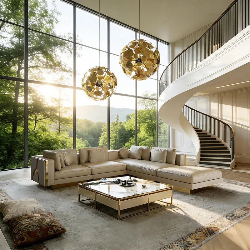 

Modern light luxury European villa living room single PU leather sofa stainless steel leg soft seat cushion