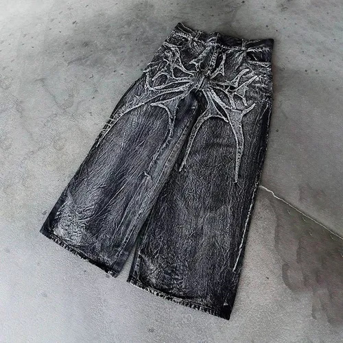 Imagen 2 del producto Pantalones góticos Retro holgados Unisex para fregar, vaqueros fantasma Y2K, parche bordado de araña de calle alta, ropa informal estilo Hip Hop, Vaqueros rectos