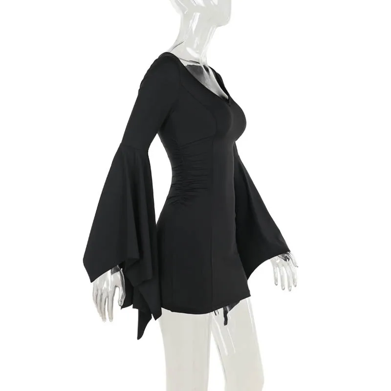 Adult Female Halloween Day of The Dead Cosplay Costume Witch Gothic Style Black Sexy Flared Sleeve Dress Theme Party Outfit - Image 6