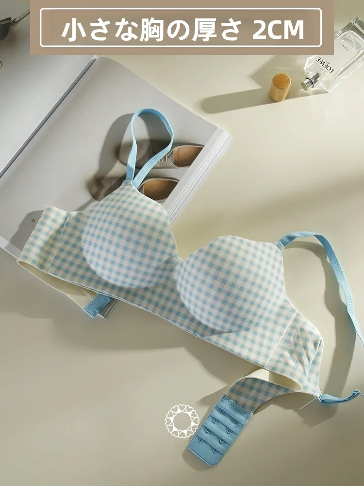 英国風-レディース-ブラジャー-ノンワイヤー-中厚-2cm-グリッド柄-シームレス-uバック-プッシュアップ-ギャザー下着-ナイロン生地