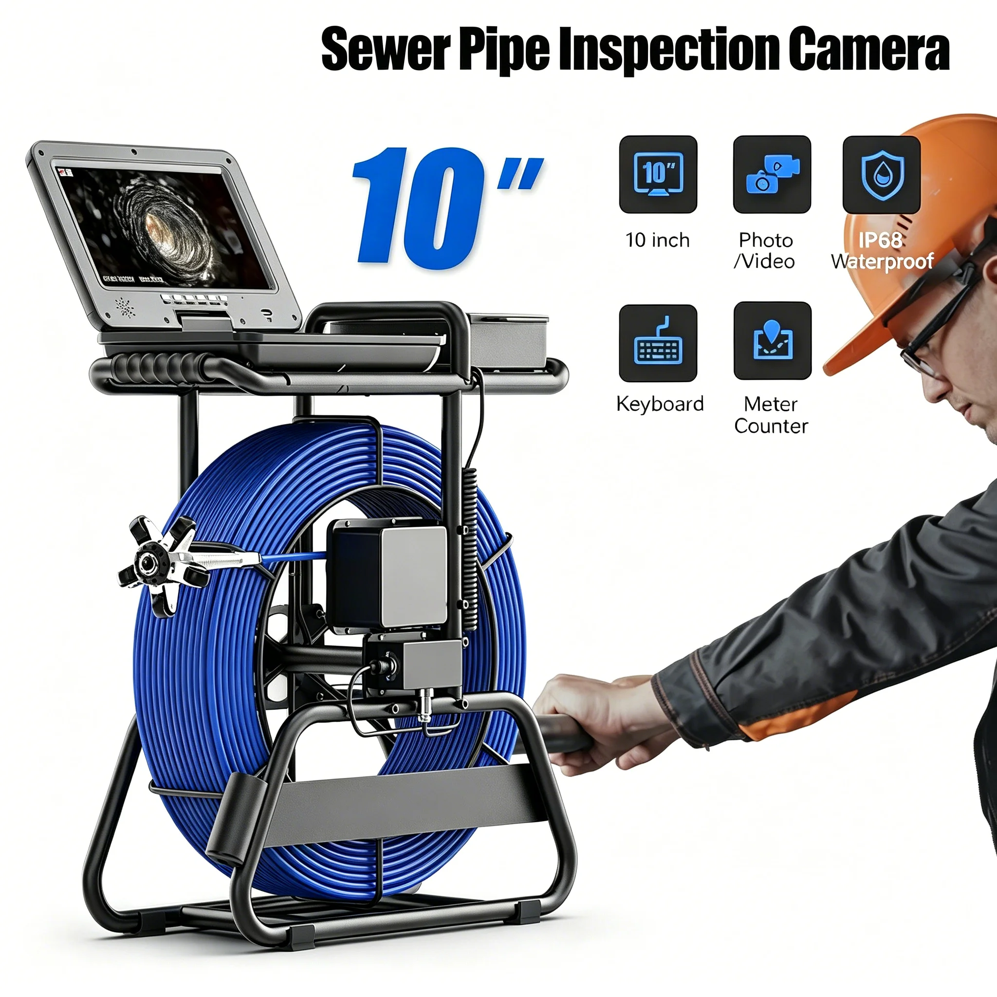 AHD 1080P Sewer Camera, Auto Self-Leveling 10 IPS Endoscope Camera with 512Hz Transmitter, 50-100M 7mm Cable for Pipe Inspection
