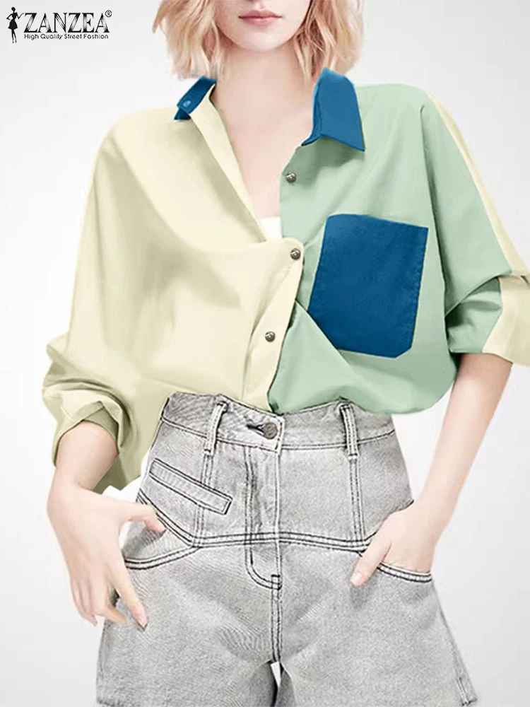 

ZANZEA Women Long Sleeve Shirts American Fashion Commuting Tops 2024 Casual Colorblock Buttons Blouses Elegant Office Blouse