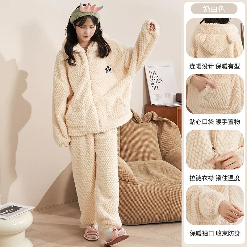 Autumn Winter Women\'s Sleepwear Flannel Pajamas Set Thick Fleece Nightwear Sets Warm Home Suits Hoodie Plus Pants