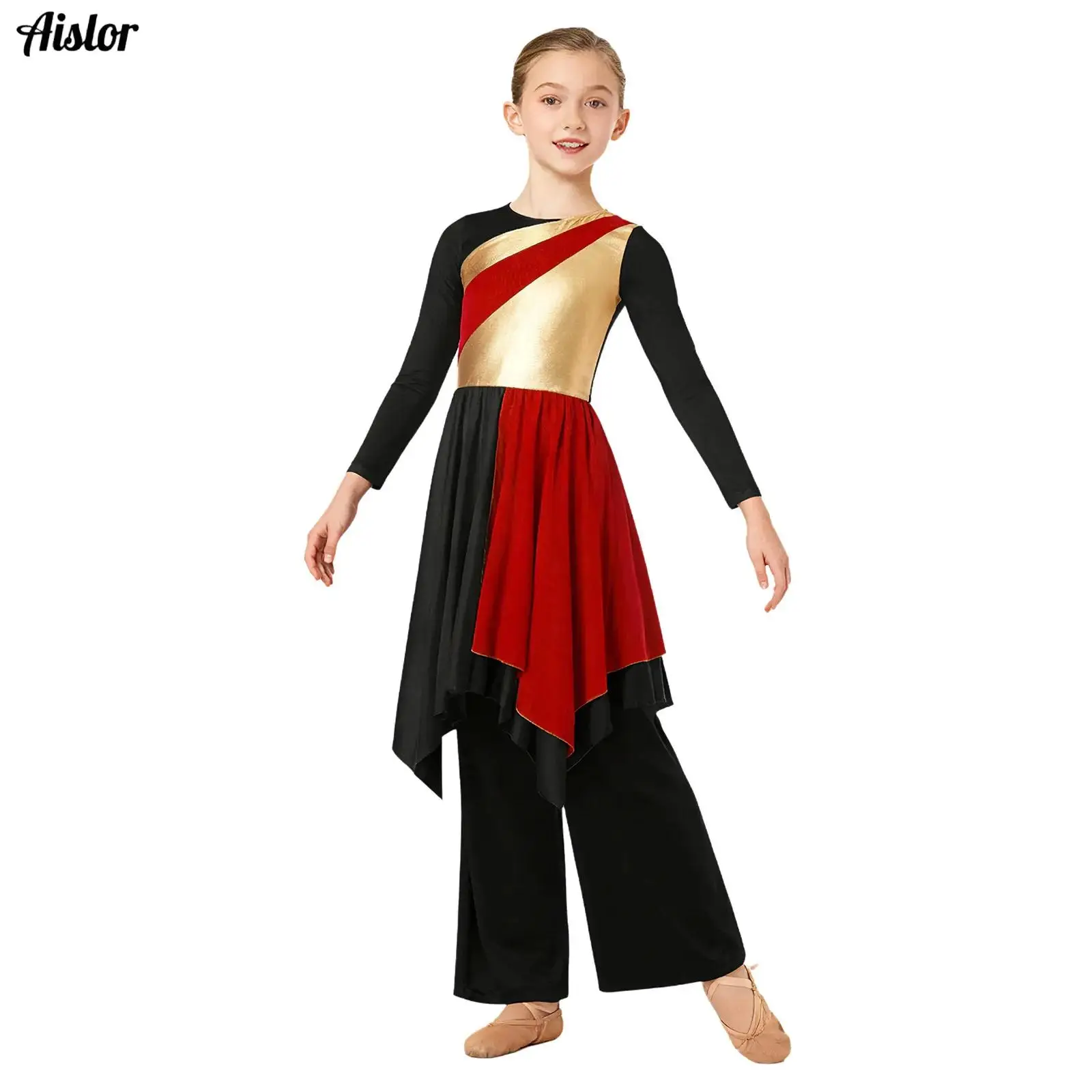 

Kids Girls Praise Lyrical Dance Outfit Worship Church Costume Long Sleeve Asymmetrical Hem Shiny Metallic Dress+Wide-Leg Pants