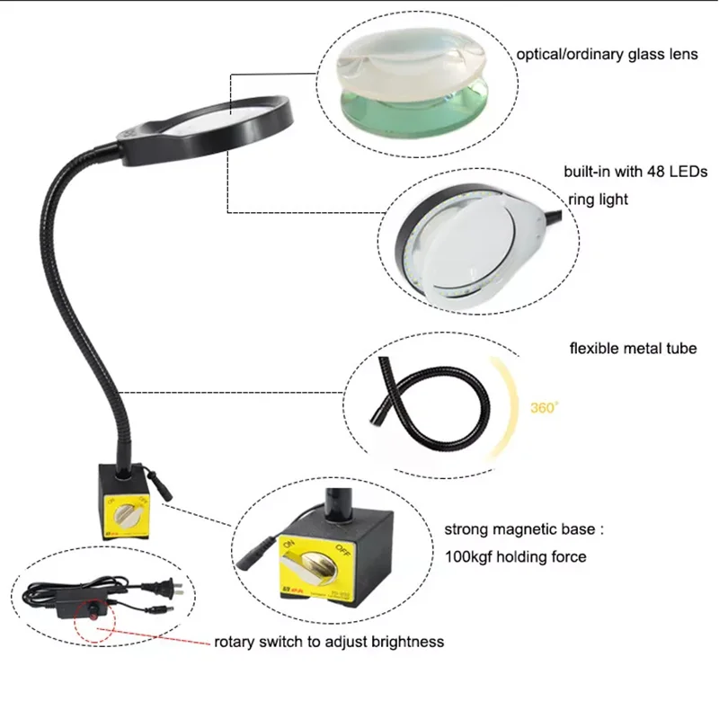 3x 5x 8x 10x 20x Magnetic Machine Work Lamp with Magnifying Glass for Metal Repairing,Welding,Inspection