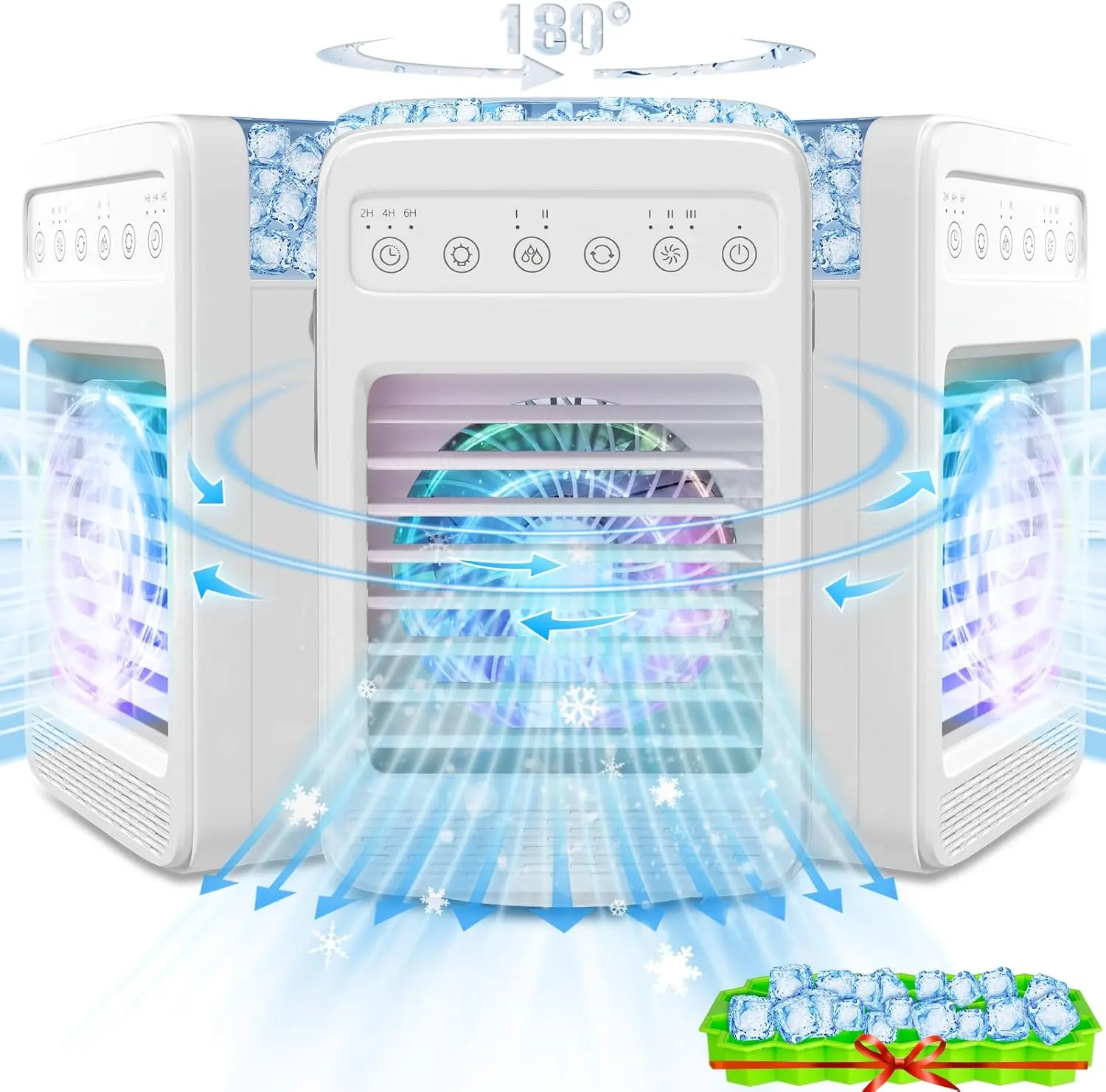 Condicionadores de ar oscilação, 4 velocidades do vento, CA portátil, AC com luz ambiente incorporada, tanque de água grande, refrigerador de ar, 180 °