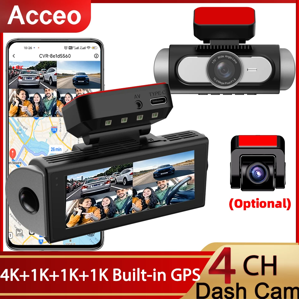 4K Dash Cam Driving Recorder Front and Rear Internal 4 Channel HD 4K 3*1080P Wi-Fi GPS Car Camera Night Vision 24H Parking Mode