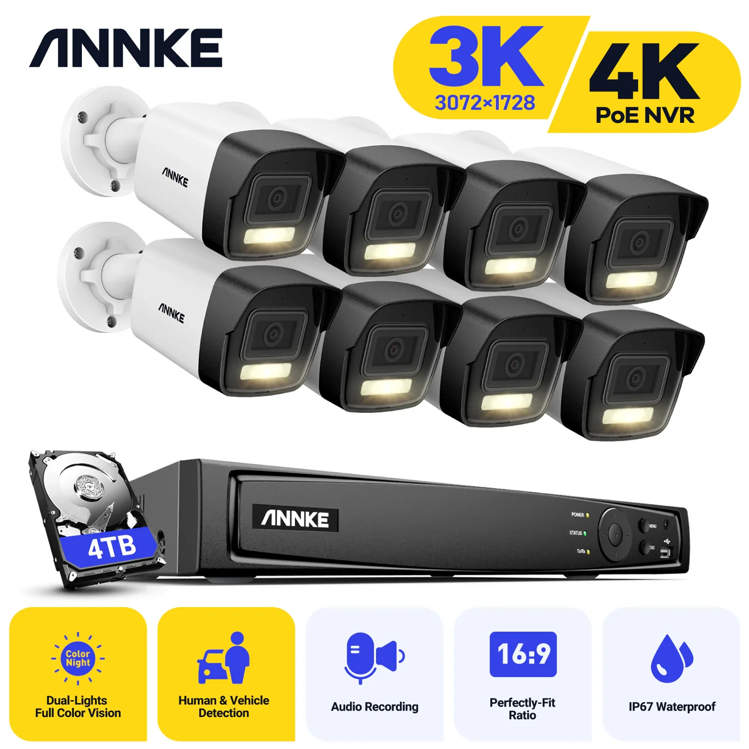 ANNKE-Ultra HD PoEネットワークビデオセキュリティシステム,8CH, 5MP, H.265 DVR,IPカメラ,CCTVビデオ監視,128G TFカード,8個