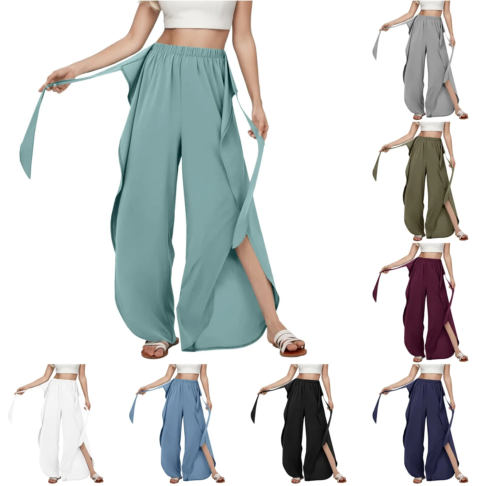 Fashion Women Yoga Sport Pants Ruffled Tiered Streamer Tassels Wide Leg Pants Slit High Waist Elastic Solid Palazzo Trousers